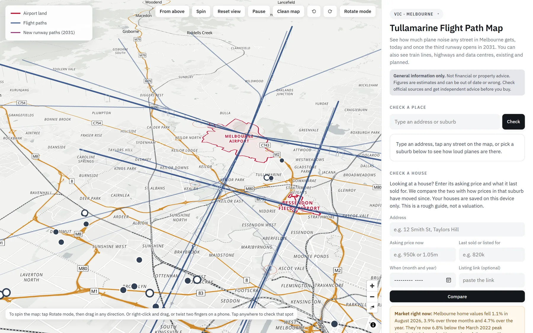 The Flight Path Australia map of Melbourne, with Tullamarine's flight paths drawn over the suburbs and the side panel for checking a place or a house
