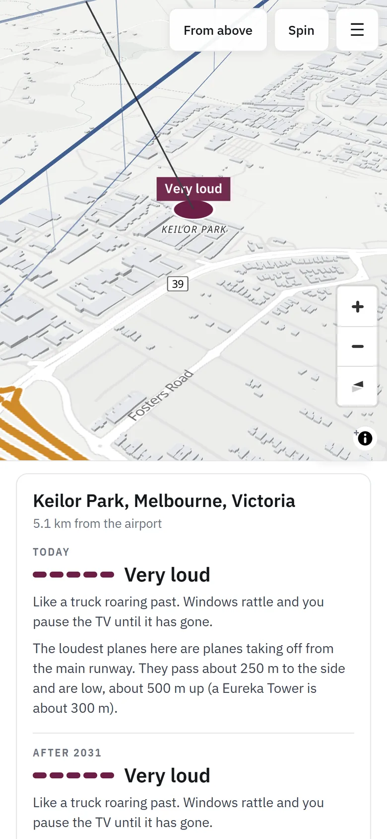 On a phone: Keilor Park is marked Very loud on the map, with the explanation underneath